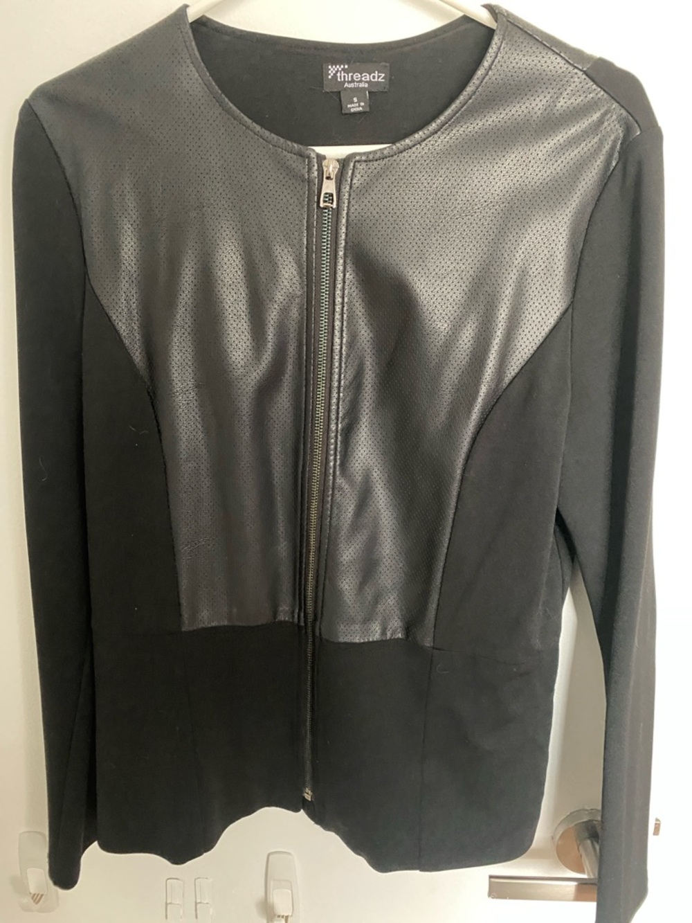 Threadzwear Black Perforated Faux-Leather Zip Jacket